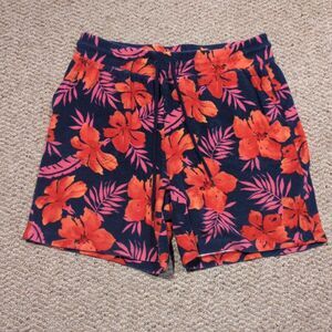 Lands End Terry Cloth Shorts Womens M 10-12 Foral Tropical Beach Lounge Elastic